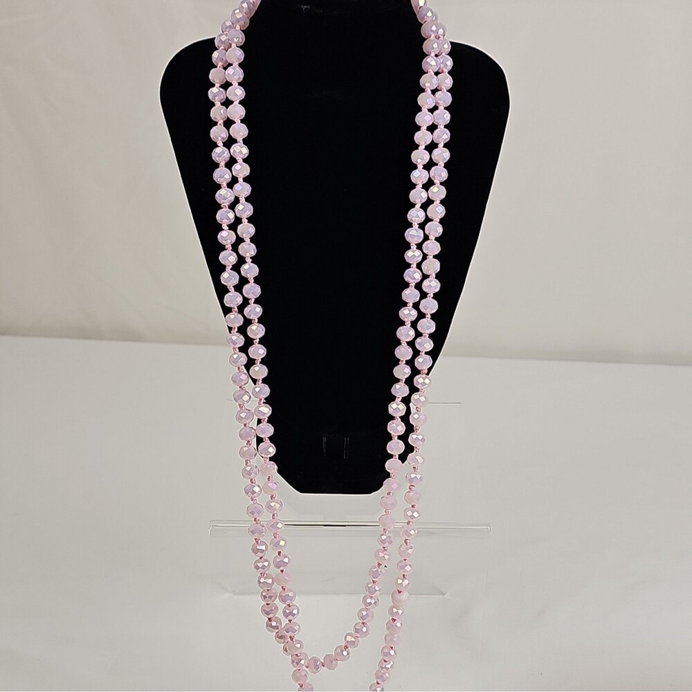 Pink Opalescent AB Faceted Glass Bead Necklace Hand Knotted 29"